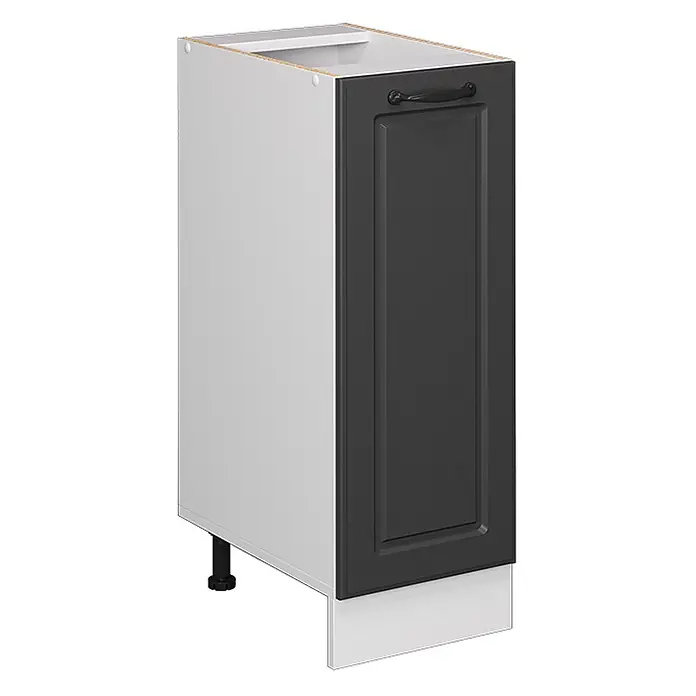 Vicco Schrankküche R-Line Anthrazit Landhaus ohne Arbeitsplatte - Anthrazit Landhaus, Apothekerunterschrank 30 cm - Schmaler weißer Unterschrank mit dunkelgrauer Tür, schwarzem Griff und weißer Sockelleiste.