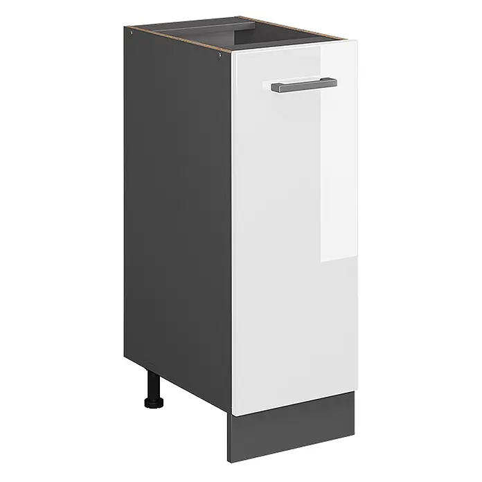 Vicco Schrankküche R-Line Weiß Hochglanz ohne Arbeitsplatte - Weiß Hochglanz, Apothekerunterschrank 30 cm - Schmaler Unterschrank mit dunkelgrauem Korpus, weißer Hochglanztür, dunkelgrauem Griff und Sockel, auf verstellbaren Füßen.