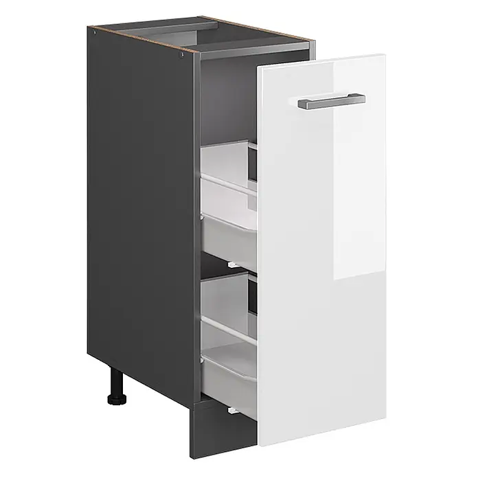 Vicco Schrankküche R-Line Weiß Hochglanz ohne Arbeitsplatte - Weiß Hochglanz, Apothekerunterschrank 30 cm - Dunkelgrauer Unterschrank mit glänzend weißer Auszugstür, Griff und drei internen hellgrauen Auszugskörben.