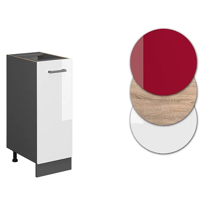 Vicco Schrankküche R-Line Weiß Hochglanz ohne Arbeitsplatte - Weiß Hochglanz, Apothekerunterschrank 30 cm - Küchenunterschrank mit weißer Hochglanztür, dunklem Korpus und Materialmustern: Rotglanz, Holz, Weißglanz.