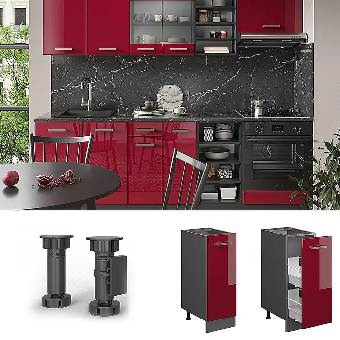 Vicco Schrankküche R-Line Rot Hochglanz, AP Anthrazit - Rot Hochglanz, Apothekerunterschrank 30 cm, AP Anthrazit - Moderne Küche mit hochglänzenden roten und dunkelgrauen Schränken und integrierten Geräten.