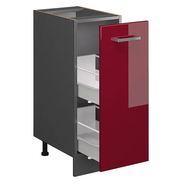Vicco Schrankküche R-Line Rot Hochglanz, AP Anthrazit - Rot Hochglanz, Apothekerunterschrank 30 cm, AP Anthrazit - Dunkelgrauer Küchenunterschrank mit glänzender roter Tür und zwei Innenschubladen. Tür leicht geöffnet.