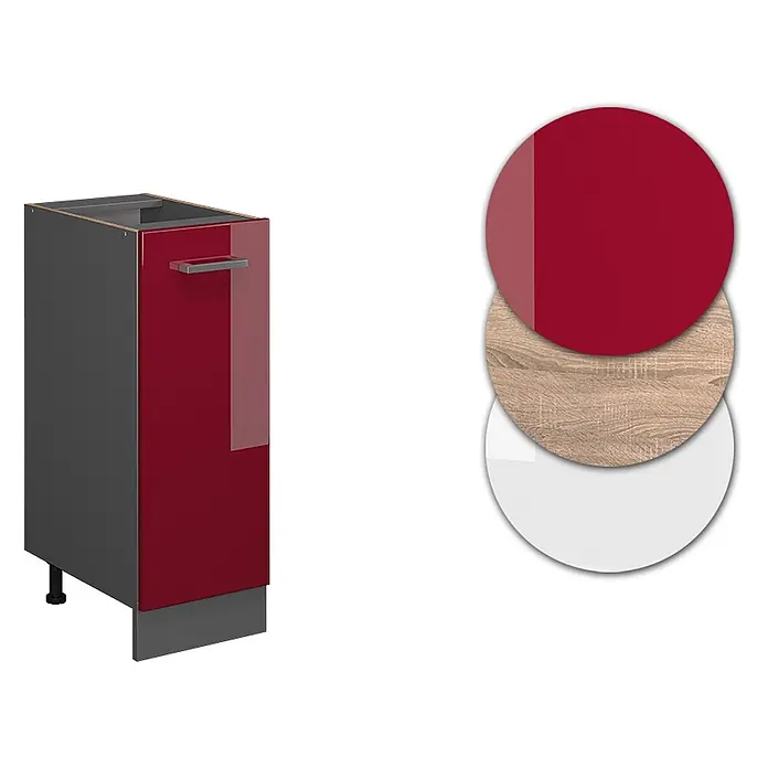 Vicco Schrankküche R-Line Rot Hochglanz, AP Anthrazit - Rot Hochglanz, Apothekerunterschrank 30 cm, AP Anthrazit - Küchenunterschrank mit roter Hochglanztür und Griff, daneben rote, Holz- und weiße Materialmuster.