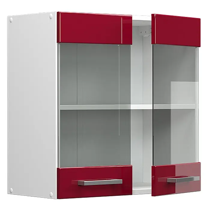 Vicco Schrankküche R-Line Rot Hochglanz - Rot Hochglanz, Hängeglasschrank 60 cm - Weißer Küchenhängeschrank mit roten Akzentpaneelen, Glastüren und silbernen Griffen.