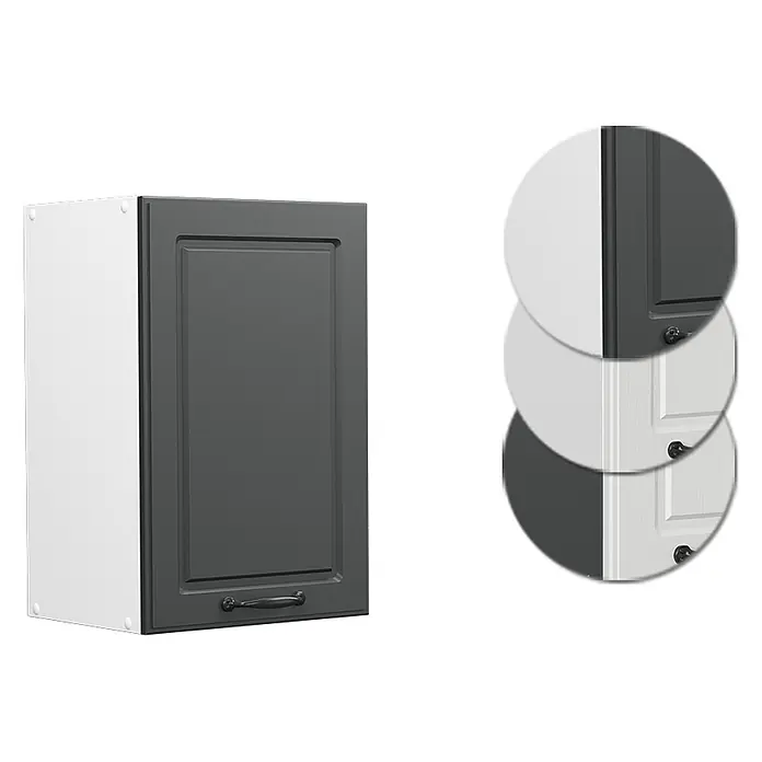 Vicco Schrankküche R-Line Anthrazit Landhaus - Anthrazit Landhaus, Hängeschrank 40 cm - Dunkelgraue Rahmentür für Küchenschrank mit schwarzem Griff. Weißer Korpus und Farboptionen dargestellt.