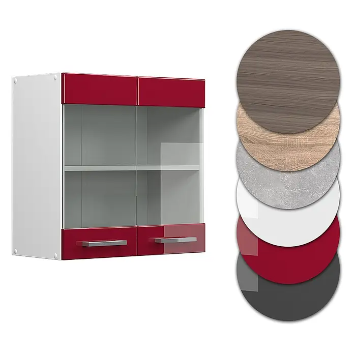 Vicco Schrankküche R-Line Rot Hochglanz - Rot Hochglanz, Hängeglasschrank 60 cm - Rot-weißer Küchenoberschrank mit Glastüren, Metallgriffen und Materialmustern.