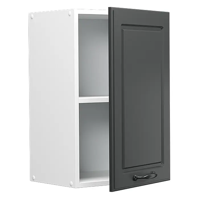 Vicco Schrankküche R-Line Anthrazit Landhaus - Anthrazit Landhaus, Hängeschrank 40 cm - Weißer Wandschrank mit offener dunkelgrauer Tür, Innenregal und dunkelgrauem Griff.