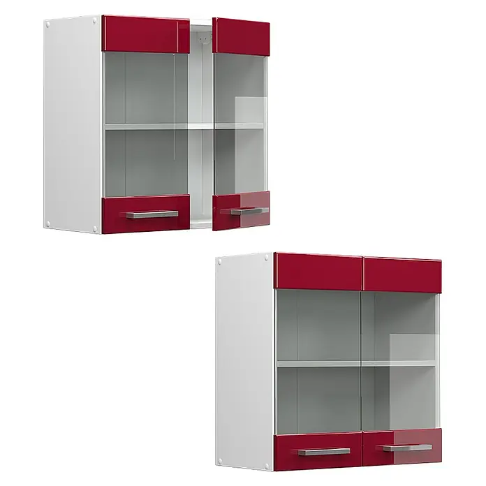 Vicco Schrankküche R-Line Rot Hochglanz - Rot Hochglanz, Hängeglasschrank 60 cm - Zwei weiße Hängeschränke mit glänzenden roten Akzenten, Glastüren und silbernen Griffen.