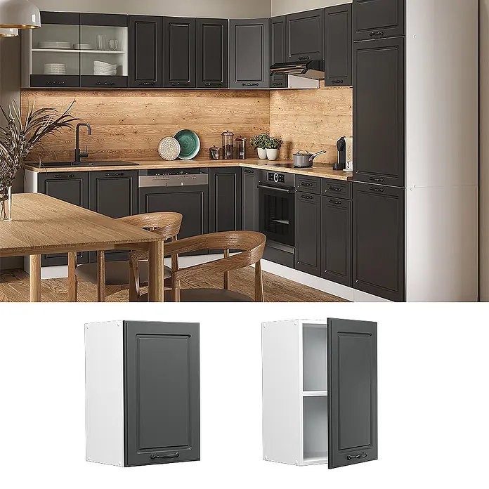 Vicco Schrankküche R-Line Anthrazit Landhaus - Anthrazit Landhaus, Hängeschrank 40 cm - Moderne dunkelgraue Küchenschränke mit Holzdetails und integrierten Geräten.