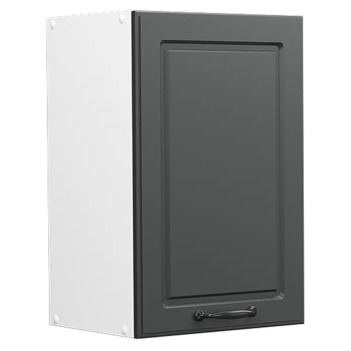 Vicco Schrankküche R-Line Anthrazit Landhaus - Anthrazit Landhaus, Hängeschrank 40 cm - Dunkelgraue Küchenschranktür mit Kassettenfront und schwarzem Griff, weiße Seite sichtbar.