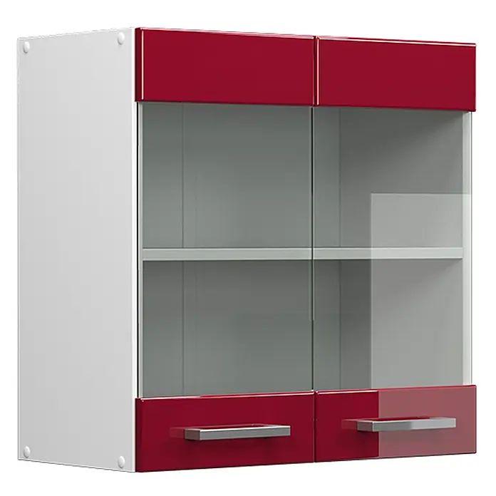 Vicco Schrankküche R-Line Rot Hochglanz - Rot Hochglanz, Hängeglasschrank 60 cm - Rot-weißer Hängeschrank mit Glastüren, roten Ober-/Unterteilen und Metallgriffen.