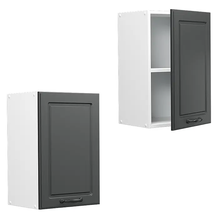 Vicco Schrankküche R-Line Anthrazit Landhaus - Anthrazit Landhaus, Hängeschrank 40 cm - Zwei weiße Hängeschränke mit dunkelgrauen Kassettentüren, einer geschlossen, einer offen mit Regalboden und schwarzen Griffen.