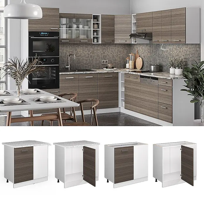 Vicco Schrankküche R-Line Edelgrau, AP Eiche - Edelgrau, Eckunterschrank 86 cm, AP Eiche - Moderne modulare Küchenschränke in dunkler Holzmaserung und Weiß, in einer Küche mit einzelnen Unterschränken dargestellt.