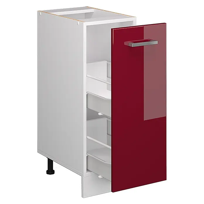 Vicco Schrankküche R-Line Rot Hochglanz, AP Eiche - Rot Hochglanz, Apothekerunterschrank 30 cm, AP Eiche - Weißer Küchenunterschrank mit glänzender roter Ausziehtür und drei Innenschubladen. Mit verstellbarem Bein.