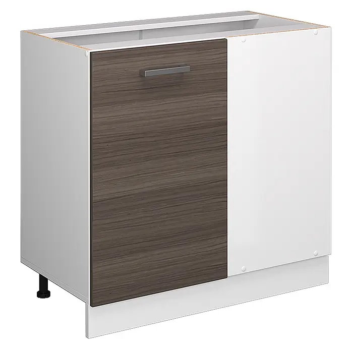Vicco Schrankküche R-Line Edelgrau ohne Arbeitsplatte - Edelgrau, Eckunterschrank 86 cm - Weißer Küchenunterschrank mit dunkler Holzmaserungsschublade und Chromgriff.