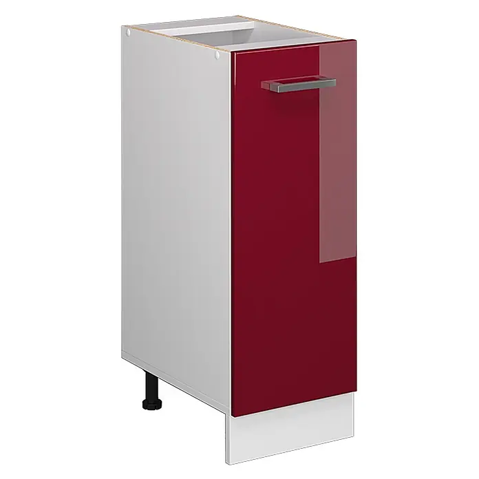 Vicco Schrankküche R-Line Rot Hochglanz ohne Arbeitsplatte - Rot Hochglanz, Apothekerunterschrank 30 cm - Roter Hochglanz-Küchenunterschrank mit silbernem Griff und weißer Sockelleiste.