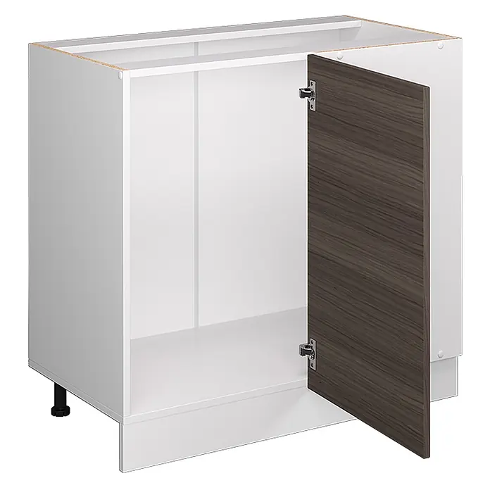 Vicco Schrankküche R-Line Edelgrau, AP Eiche - Edelgrau, Eckunterschrank 86 cm, AP Eiche - Weißer Unterschrank mit offener Tür in dunkler Holzoptik und schwarzem, verstellbarem Fuß.