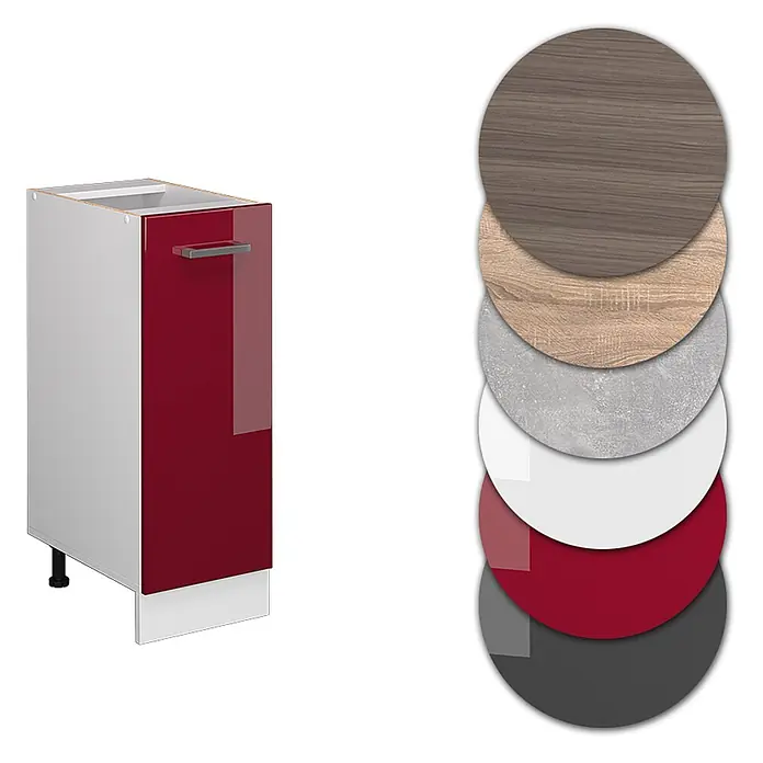 Vicco Schrankküche R-Line Rot Hochglanz, AP Eiche - Rot Hochglanz, Apothekerunterschrank 30 cm, AP Eiche - Roter Hochglanz-Küchenunterschrank mit Griff, daneben runde Materialmuster in Holz, Beton, Weiß und Rot.