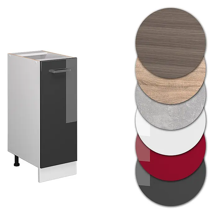 Vicco Schrankküche R-Line Anthrazit Hochglanz ohne Arbeitsplatte - Anthrazit Hochglanz, Apothekerunterschrank 30 cm - Dunkelgrauer Küchenunterschrank mit Griff, daneben Muster in Holz, Beton, Weiß, Rot und Grau.