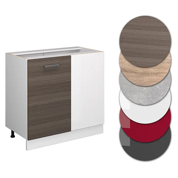 Vicco Schrankküche R-Line Edelgrau ohne Arbeitsplatte - Edelgrau, Eckunterschrank 86 cm - Modulare Küchenunterschrank mit Tür in dunkler Holzoptik, weißer Seitenwand und Oberflächenmustern.