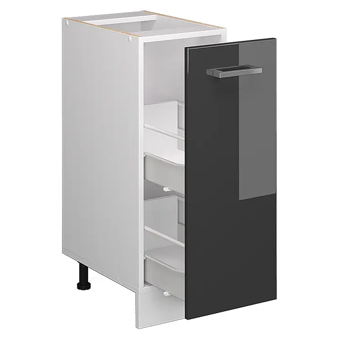Vicco Schrankküche R-Line Anthrazit Hochglanz, AP Eiche - Anthrazit Hochglanz, Apothekerunterschrank 30 cm, AP Eiche - Weißer Küchenunterschrank mit dunkelgrauer Tür und drei ausziehbaren Gewürzregalen, mit Metallgriff.