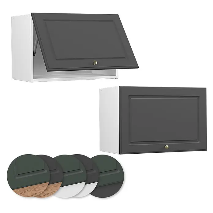 Vicco Schrankküche Fame-Line Anthrazit-Gold Flach - Anthrazit-Gold, Hängeschrank 60 cm (flach) - Dunkelgrauer Wandschrank mit Kassettenfront und weißem Korpus, offen und geschlossen gezeigt. Farbmuster unten.