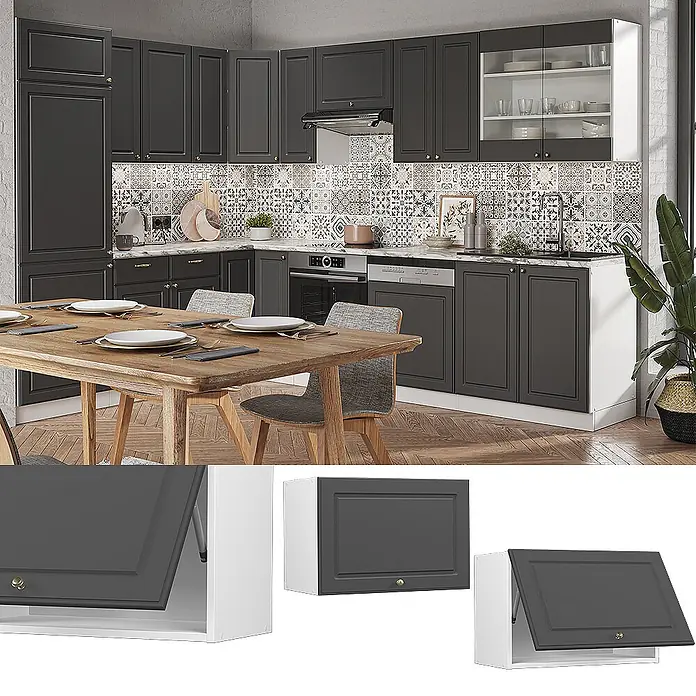 Vicco Schrankküche Fame-Line Anthrazit-Gold Flach - Anthrazit-Gold, Hängeschrank 60 cm (flach) - Moderne Küche mit anthrazitfarbenen Schränken und integrierten Geräten. Detailansichten eines hochklappbaren Oberschranks sind ebenfalls zu sehen.