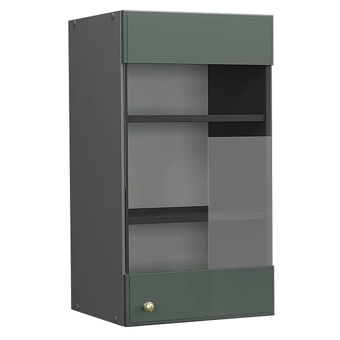 Vicco Schrankküche Fame-Line Grün-Gold Landhaus - Grün-Gold Landhaus, Hängeglasschrank 40 cm - Dunkelgrauer Wandschrank mit grünen Paneelen, Glasfront, internen Regalen und goldenem Knauf.