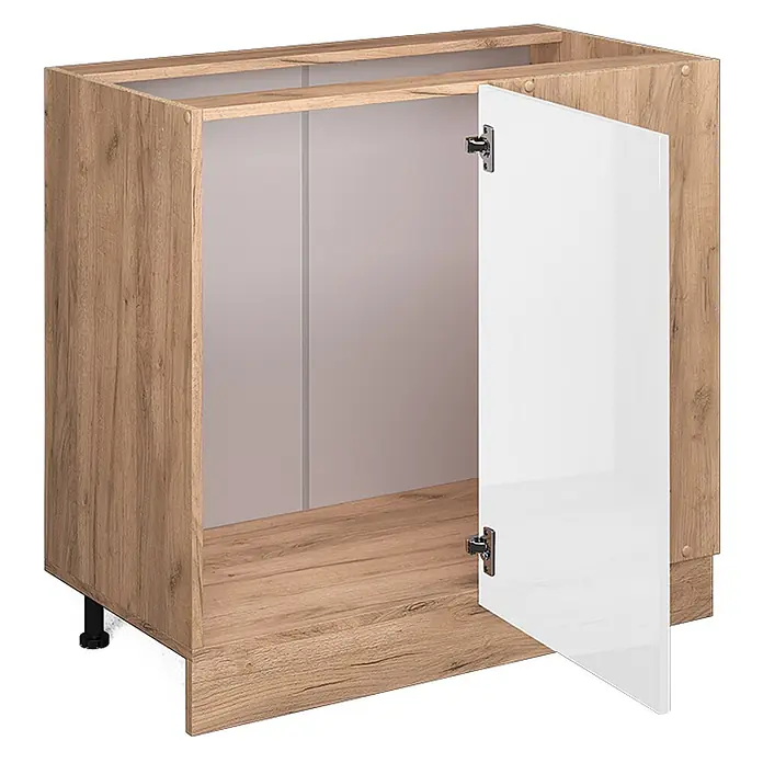 Vicco Schrankküche R-Line Weiß Hochglanz ohne Arbeitsplatte - Weiß Hochglanz, Eckunterschrank 86 cm - Unterschrank in Holzoptik mit offener weißer Hochglanztür, Innenraum sichtbar, schwarzen Stellfüßen.