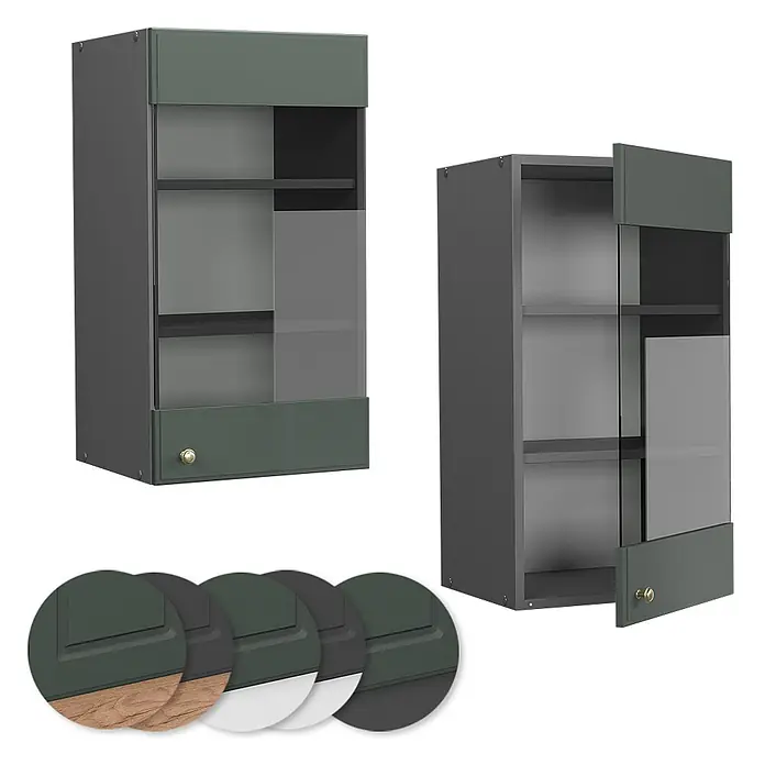 Vicco Schrankküche Fame-Line Grün-Gold Landhaus - Grün-Gold Landhaus, Hängeglasschrank 40 cm - Dunkelgrauer Wandschrank mit dunkelgrünen Blenden, Glasfronten und goldenem Knauf, offen und geschlossen gezeigt.