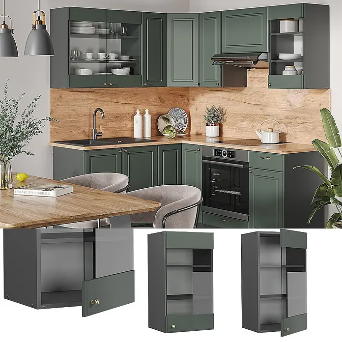 Vicco Schrankküche Fame-Line Grün-Gold Landhaus - Grün-Gold Landhaus, Hängeglasschrank 40 cm - L-förmige dunkelgrüne Küche mit Holz-Arbeitsplatten und Glas-Oberschränken, integrierte Geräte.