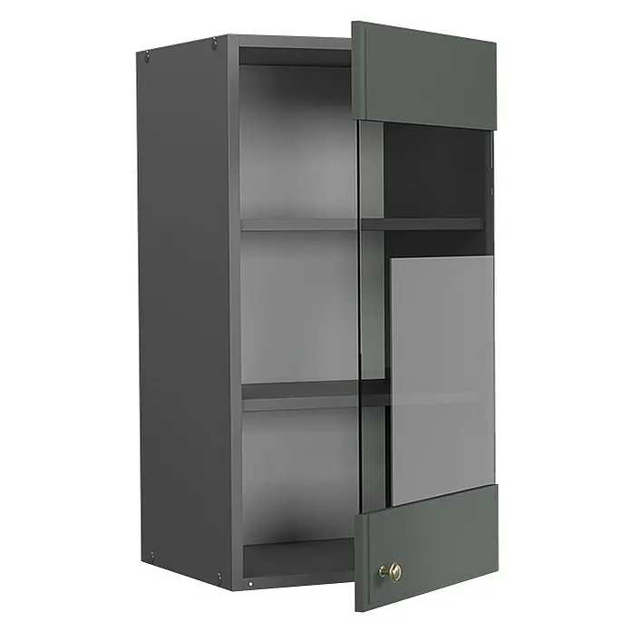Vicco Schrankküche Fame-Line Grün-Gold Landhaus - Grün-Gold Landhaus, Hängeglasschrank 40 cm - Dunkelgrauer Wandschrank mit teilweise geöffneter Tür, dunkelgrünen Paneelen und Klarglas. Zwei Innenregale sichtbar.
