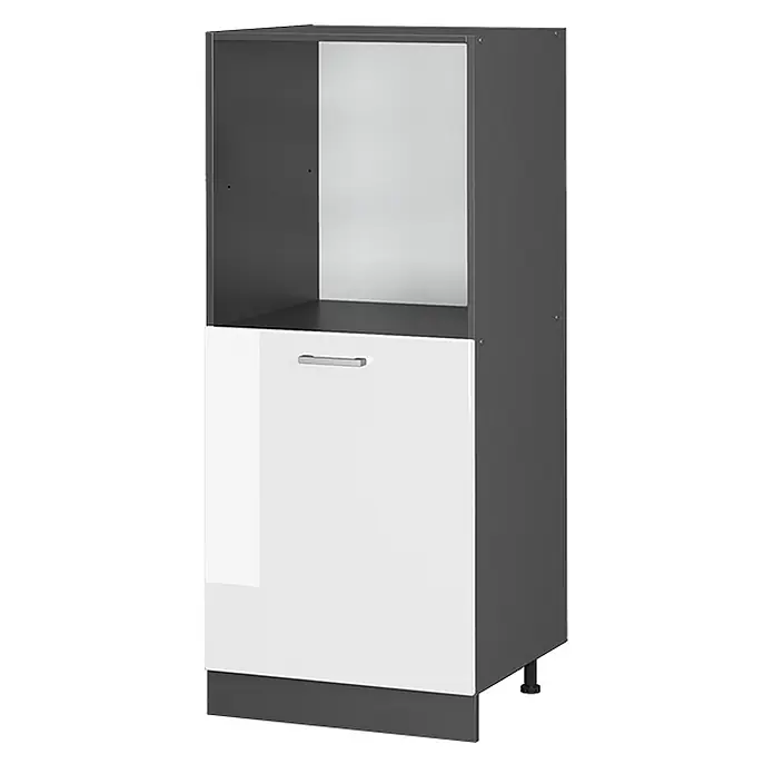Vicco Schrankküche R-Line Weiß Hochglanz - Weiß Hochglanz, Backofenumbauschrank 60 cm (halb) - Dunkelgrauer Küchenschrank mit offenem Fach für Gerät, weißer Hochglanztür, silbernem Griff und dunklem Sockel.