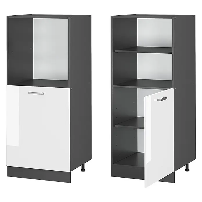 Vicco Schrankküche R-Line Weiß Hochglanz - Weiß Hochglanz, Backofenumbauschrank 60 cm (halb) - Zwei dunkelgrau-weiße Modulküchenschränke: einer mit offenem Fach und Tür unten, der andere ein Regal mit Bodentür.