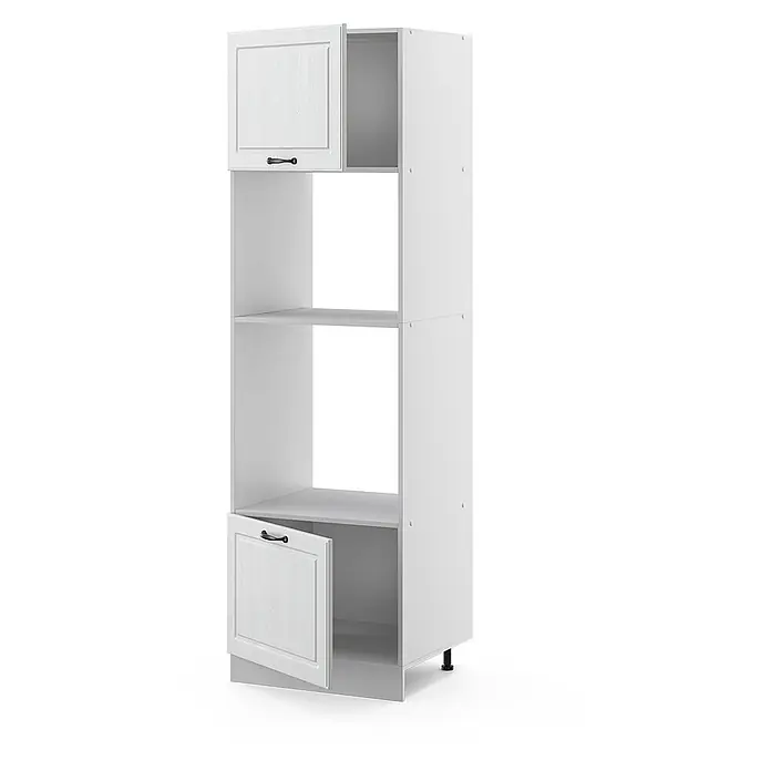 Vicco Schrankküche R-Line Weiß Landhaus - Weiß Landhaus, Mikrowellenumbauschrank 60 cm - Weißer strukturierter Hochschrank mit offenen Fächern und zwei leicht geöffneten Türen, schwarzen Griffen und verstellbaren Füßen.