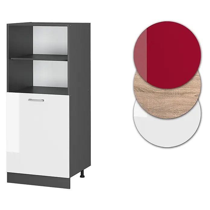 Vicco Schrankküche R-Line Weiß Hochglanz - Weiß Hochglanz, Backofenumbauschrank 60 cm (halb) - Dunkelgrauer Küchenschrank mit weißer Hochglanztür, offenen Fächern und roten, Holz-, weißen Materialmustern.