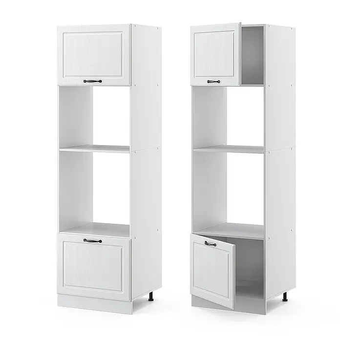 Vicco Schrankküche R-Line Weiß Landhaus - Weiß Landhaus, Mikrowellenumbauschrank 60 cm - Zwei hohe weiße Küchenschränke mit Holzmaserung, einer geschlossen und einer mit geöffneten Ober- und Untertüren, die Staufächer zeigen.
