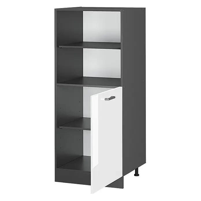 Vicco Schrankküche R-Line Weiß Hochglanz - Weiß Hochglanz, Backofenumbauschrank 60 cm (halb) - Dunkelgrauer Schrank mit offenen Fächern und einer weißen Hochglanztür unten rechts, leicht geöffnet.