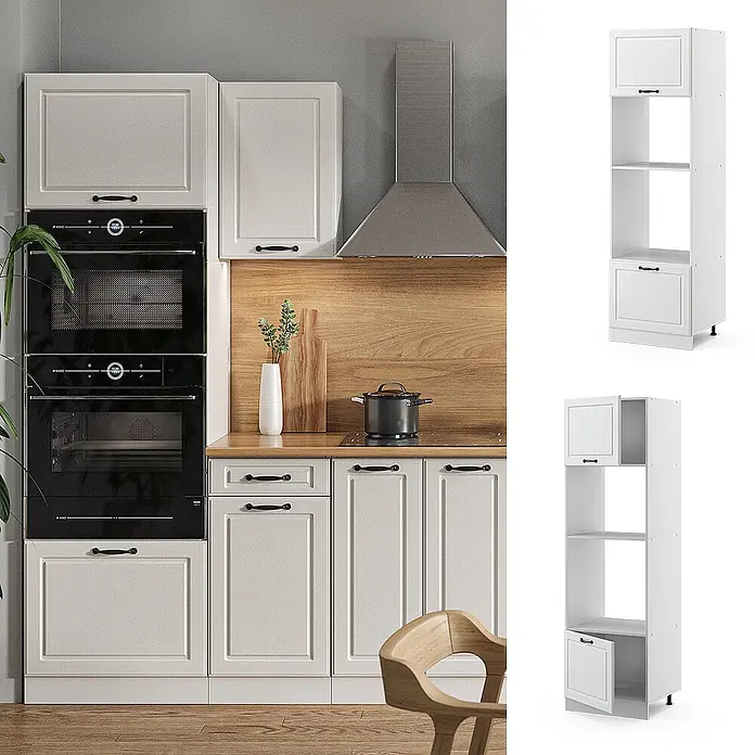Vicco Schrankküche R-Line Weiß Landhaus - Weiß Landhaus, Mikrowellenumbauschrank 60 cm - Weißer Hochschrank mit Kassettentüren und offenen Fächern für Einbauöfen.