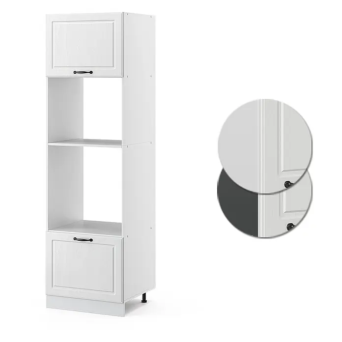 Vicco Schrankküche R-Line Weiß Landhaus - Weiß Landhaus, Mikrowellenumbauschrank 60 cm - Hoher weißer Küchenschrank mit Holzmaserung, Backofen-/Mikrowellennische, zwei Türen mit schwarzen Griffen und Sockel.