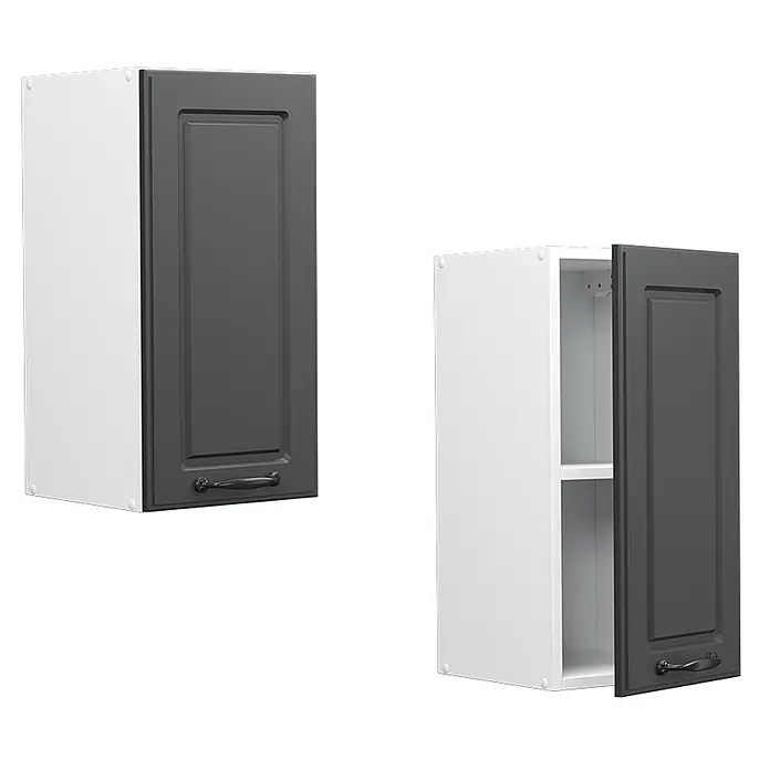 Vicco Schrankküche R-Line Anthrazit Landhaus - Anthrazit Landhaus, Hängeschrank 30 cm - Zwei weiße Küchenoberschränke mit dunkelgrauen Türen und schwarzen Griffen, einer geschlossen, einer offen mit Regal.