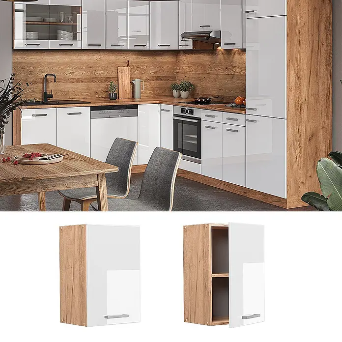Vicco Schrankküche R-Line Weiß Hochglanz - Weiß Hochglanz, Hängeschrank 40 cm - Moderne Küche mit hochglänzenden weißen Schränken, hellen Holzpaneelen und integrierten Geräten.