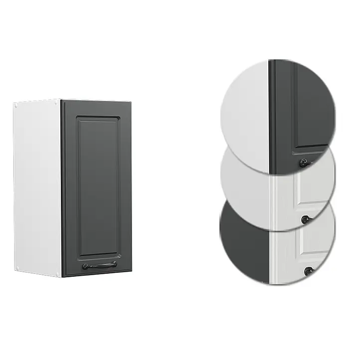 Vicco Schrankküche R-Line Anthrazit Landhaus - Anthrazit Landhaus, Hängeschrank 30 cm - Dunkelgrauer Küchenschrank mit Kassettentür und Griff. Farbmuster zeigen Optionen wie Hellgrau und weiße Holzmaserung.