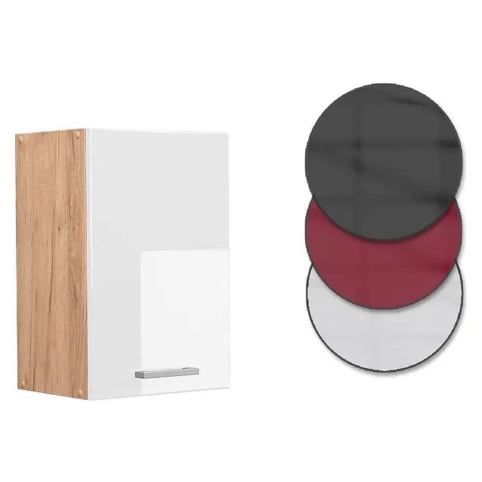 Vicco Schrankküche R-Line Weiß Hochglanz - Weiß Hochglanz, Hängeschrank 40 cm - Wandschrank mit Holzseitenplatte und weißer Hochglanztür. Enthält Farbmuster in Dunkelgrau, Bordeaux und Weiß.