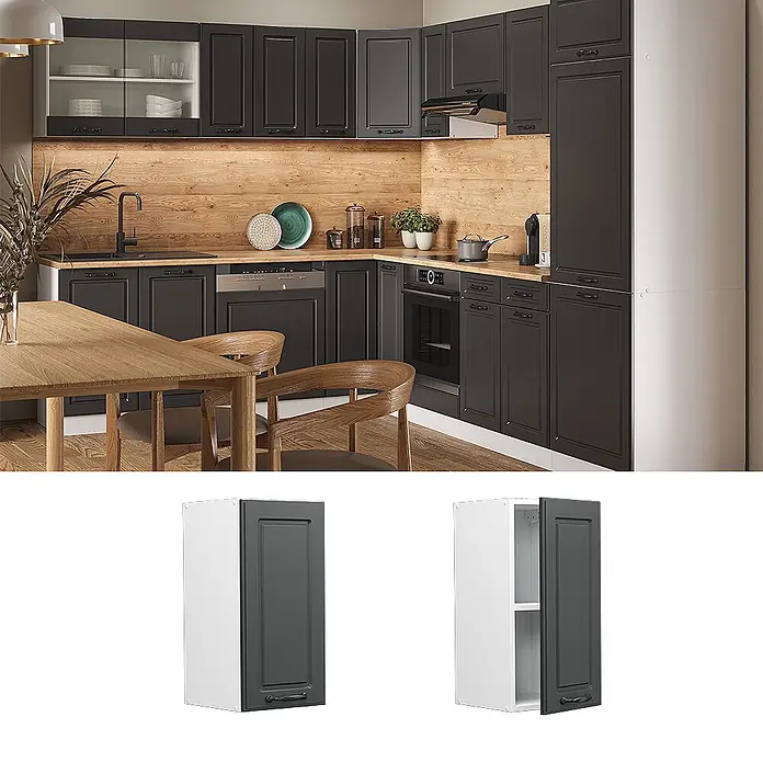Vicco Schrankküche R-Line Anthrazit Landhaus - Anthrazit Landhaus, Hängeschrank 30 cm - Dunkelgraue Küchenschränke mit dezenten Paneelen und Metallgriffen. In einer modernen Küche mit Holzdetails verwendet.