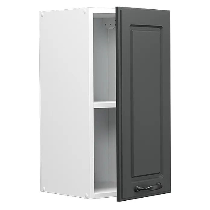Vicco Schrankküche R-Line Anthrazit Landhaus - Anthrazit Landhaus, Hängeschrank 30 cm - Weißer Wandschrank mit anthrazitfarbener Kassettentür, leicht geöffnet, mit einem Einlegeboden und schwarzem Griff.