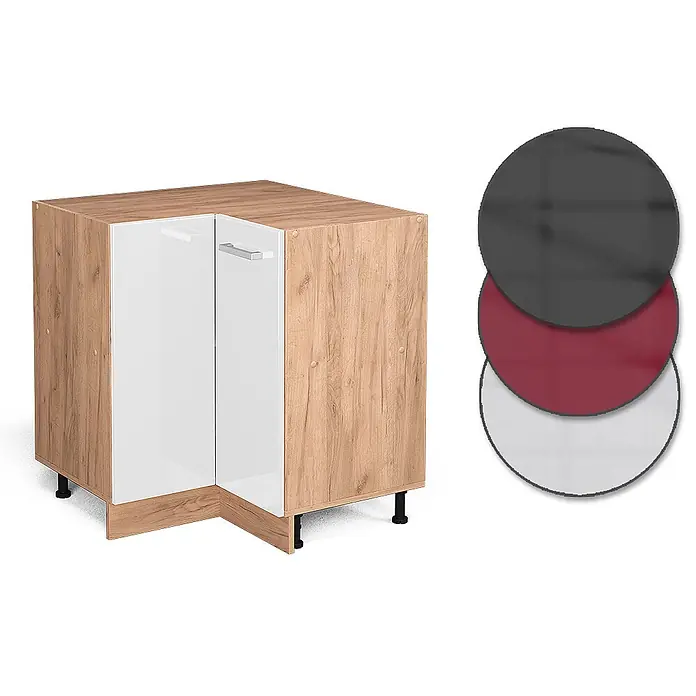 Vicco Schrankküche R-Line Weiß Hochglanz ohne Arbeitsplatte - Weiß Hochglanz, Eckunterschrank - Heller Eckschrank in Holzmaserung mit weißen Türen, Metallgriff. Farboptionen für Türen als Muster daneben.
