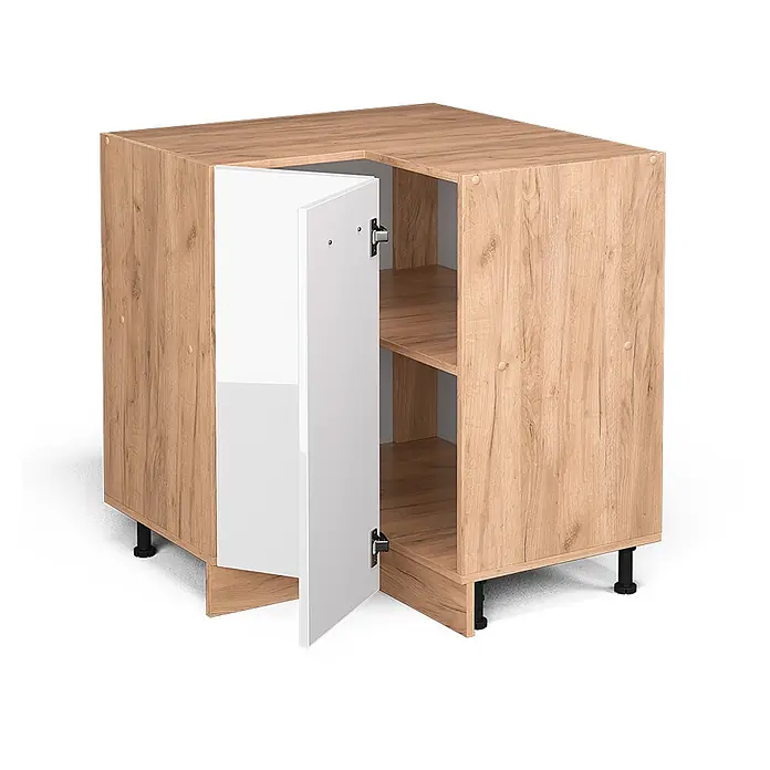 Vicco Schrankküche R-Line Weiß Hochglanz ohne Arbeitsplatte - Weiß Hochglanz, Eckunterschrank - Eck-Küchenunterschrank in heller Holzoptik mit weißer Hochglanztür, offen, mit Einlegeböden, auf schwarzen verstellbaren Füßen.