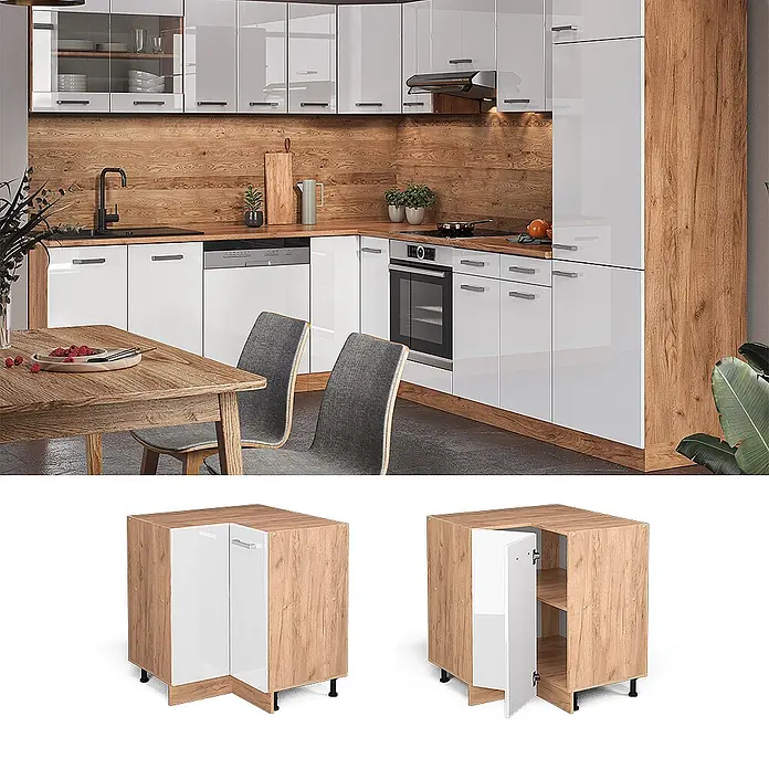 Vicco Schrankküche R-Line Weiß Hochglanz ohne Arbeitsplatte - Weiß Hochglanz, Eckunterschrank - Eckunterschrank in Holzoptik mit glänzenden weißen Türen, geschlossen und offen mit Einlegeböden gezeigt.