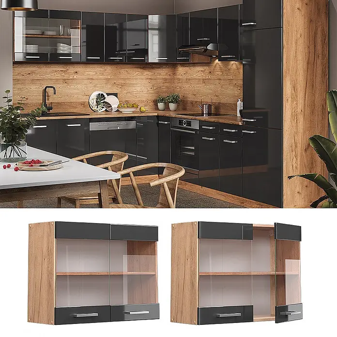 Vicco Schrankküche R-Line Anthrazit Hochglanz - Breite: 80 cm, Anthrazit Hochglanz, Hängeglasschrank 80 cm - Hochglänzende dunkelgraue und Holz-Küchenschränke mit Glastüren, ideal für eine moderne Küche.